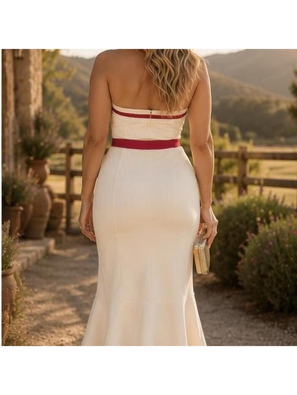 Strapless White Dress with Pink Waist Tie and Hem Accent - Picture 2 of 8